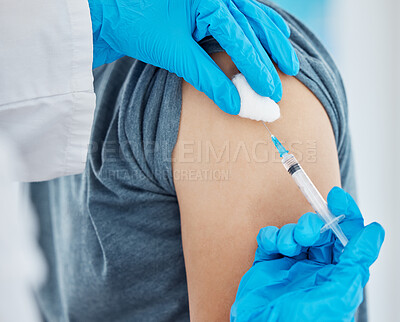 Buy stock photo Medicine, needle and patient getting covid vaccine from nurse at medical clinic during pandemic. Medicine, syringe and closeup of healthcare worker doing an antibody vaccination injection at hospital