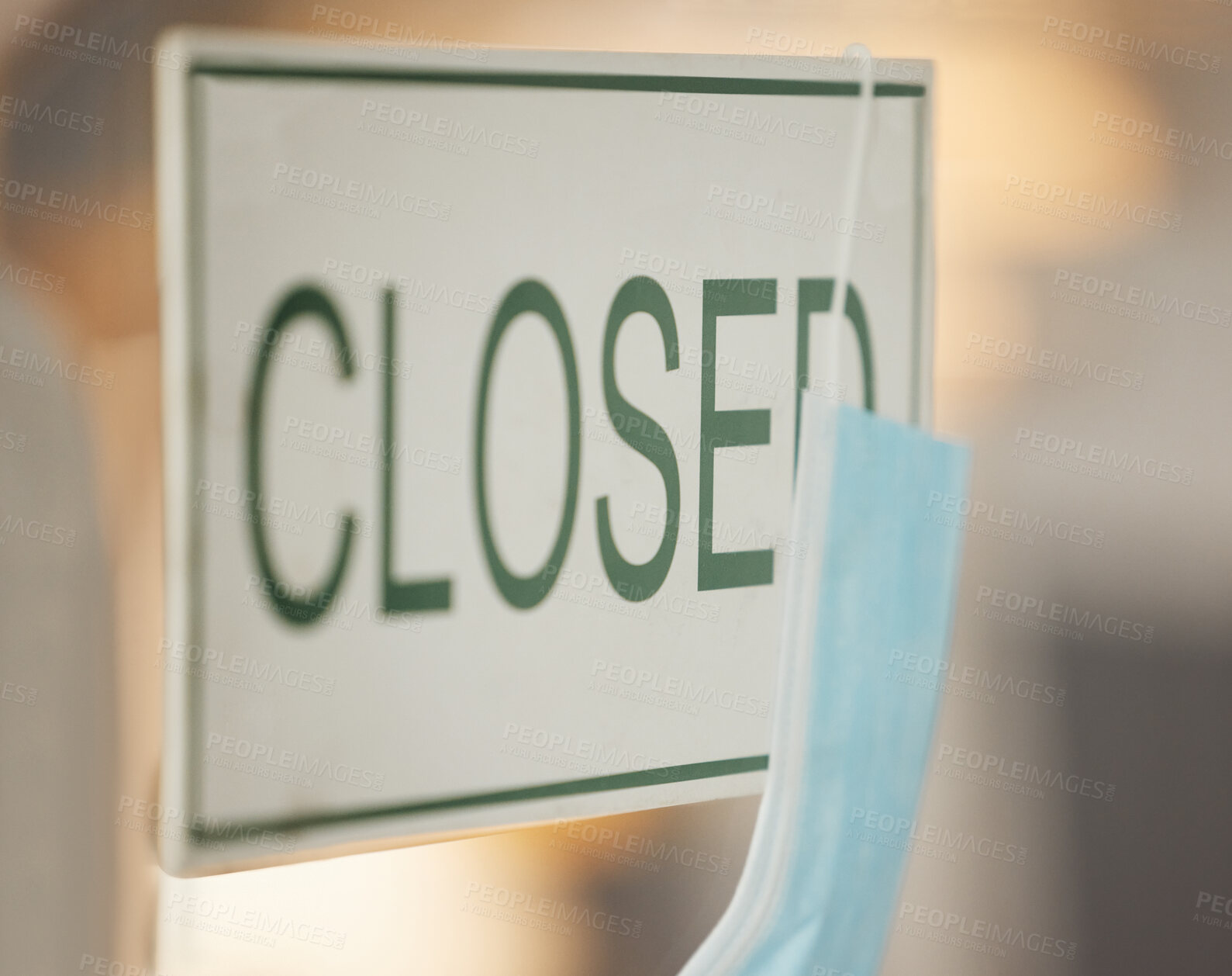 Buy stock photo Covid face mask, closed and door signage on cafe, restaurant or coffee shop glass window in pandemic lockdown. Zoom, texture and small business covid 19 board in government, law or economy compliance