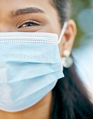 Buy stock photo Mask, woman and face for medical healthcare virus compliance. Covid19 facilitator, facial health protection portrait and hospital pandemic safety or nurse insurance employee in nature outside