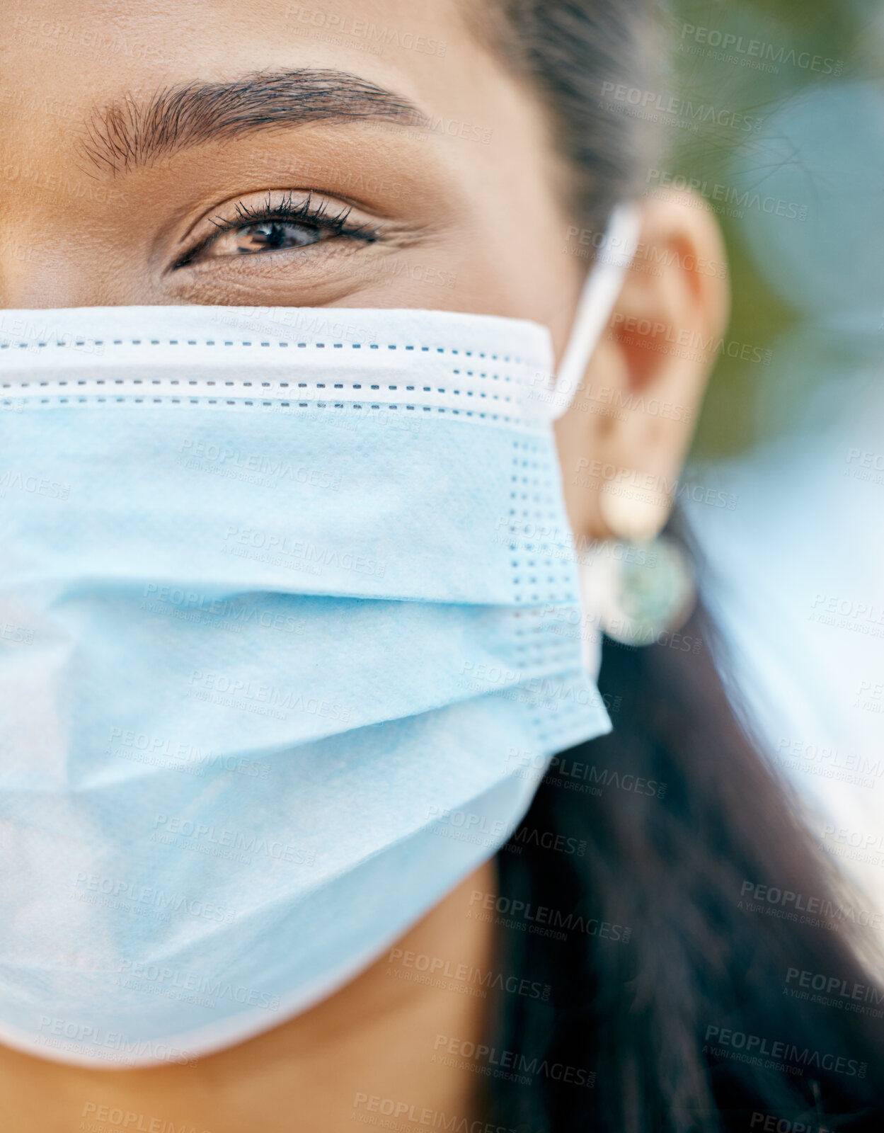 Buy stock photo Mask, woman and face for medical healthcare virus compliance. Covid19 facilitator, facial health protection portrait and hospital pandemic safety or nurse insurance employee in nature outside