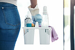 Hand, cleaning and product container woman ready for home hygiene and disinfection routine macro. Spray, liquid and bottles of girl with chemical safety products  and cloth to clean house.

