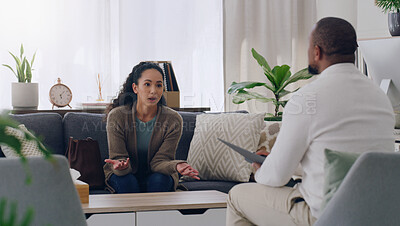 Buy stock photo Man psychologist, communication and woman patient with mental health, healthcare and depression in a office. Psychology expert and patient consulting, conversation and counseling in therapy session  