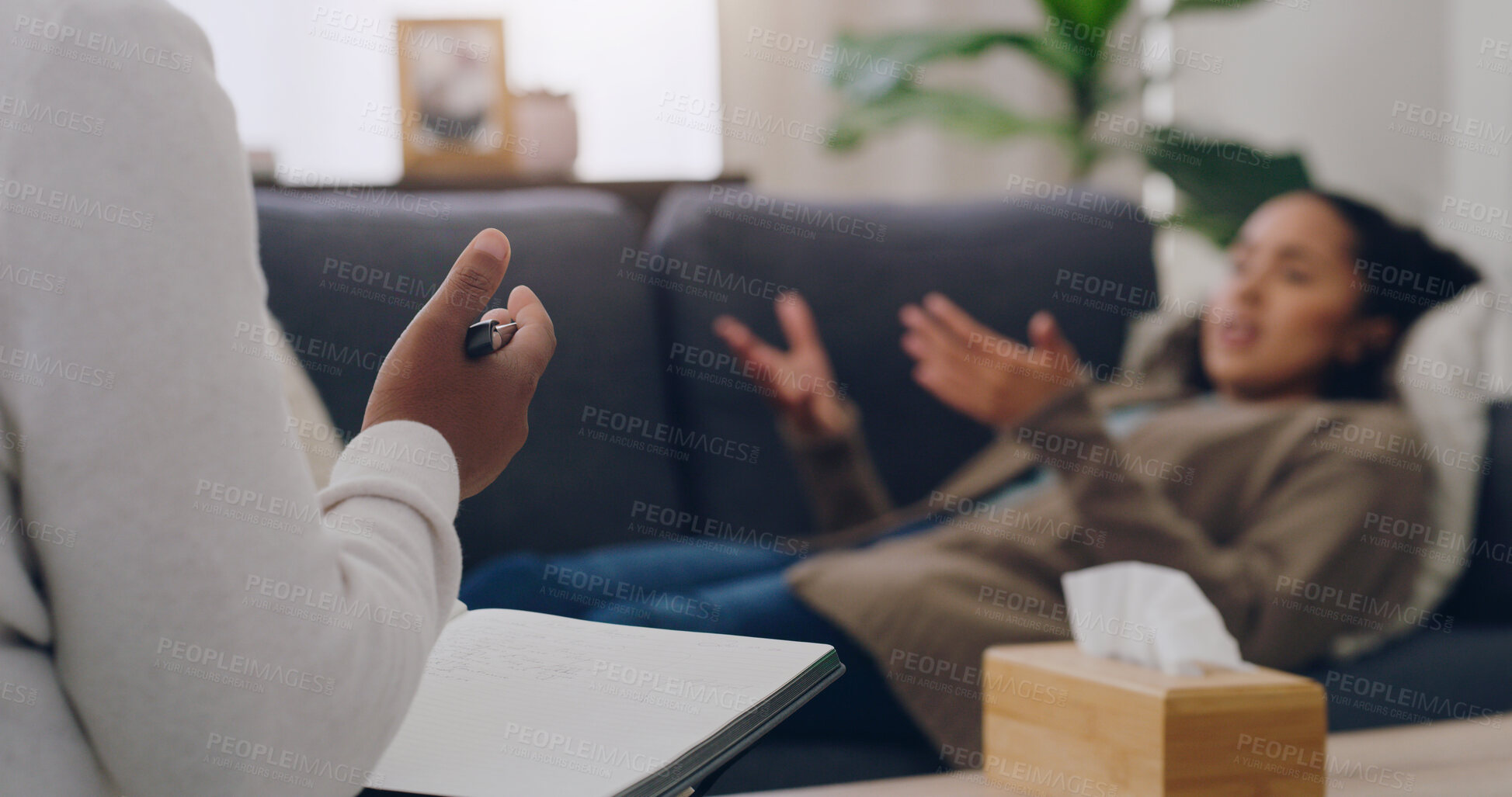 Buy stock photo Mental health, patient and therapist have discussion, for depression and talking anger management. Psychologist with book, female client on couch or conversation for anxiety, healthcare or consulting