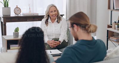 Buy stock photo Therapy, marriage counseling and doctor with a couple together in a consulting office for communication. Consultant, help or psychologist with a female mental health worker talking to a man and woman