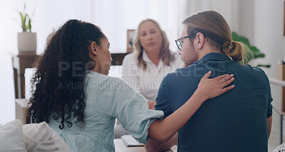Buy stock photo Marriage, counselling and couple in therapist office giving comfort, care and talking to partner. Man and black woman with social worker or psychologist for problem, support and help in relationship