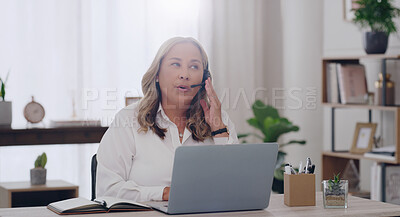 Buy stock photo Remote work, laptop and customer service consultant in home office talking for support, CRM and telemarketing. Freelance entrepreneur woman with technology for sales, marketing and call center