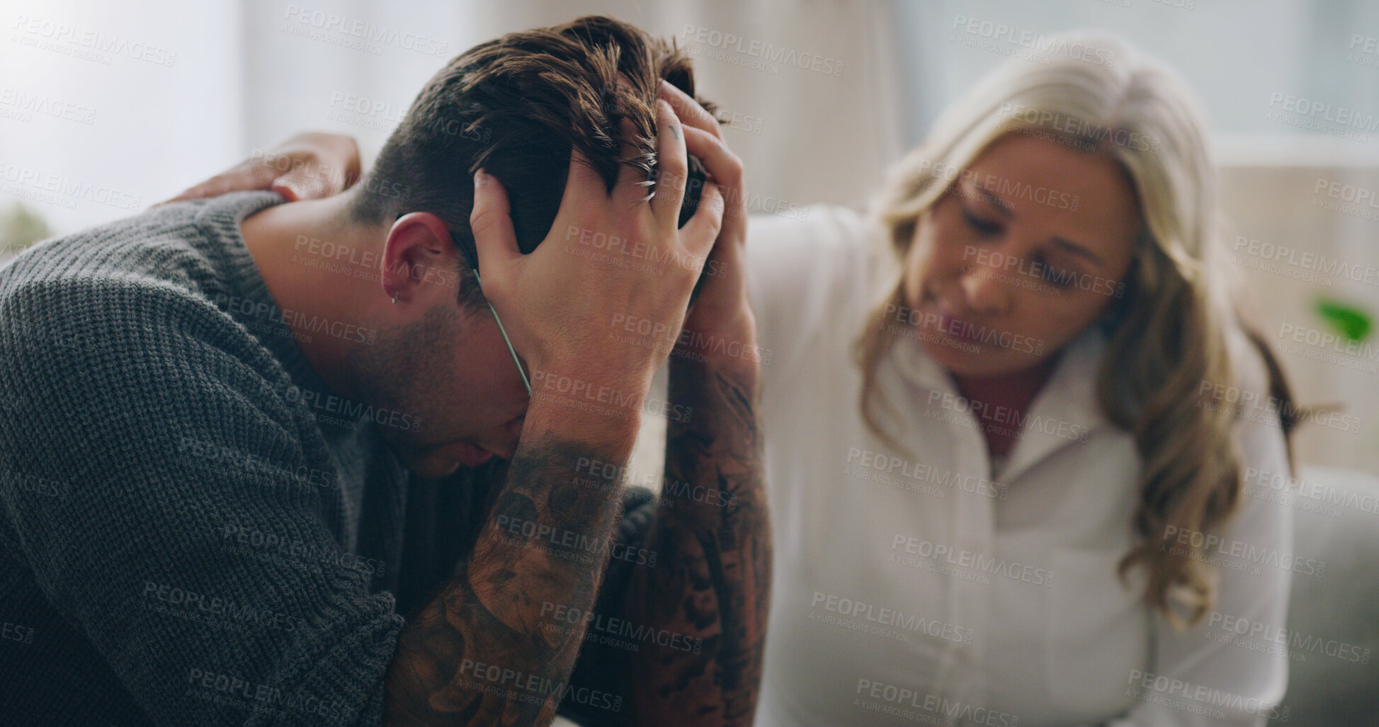 Buy stock photo Sad, stress and depression people in therapy for mental health support, empathy and professional help of woman giving advice or listening to problem. Depressed, anxiety and cry man with psychologist