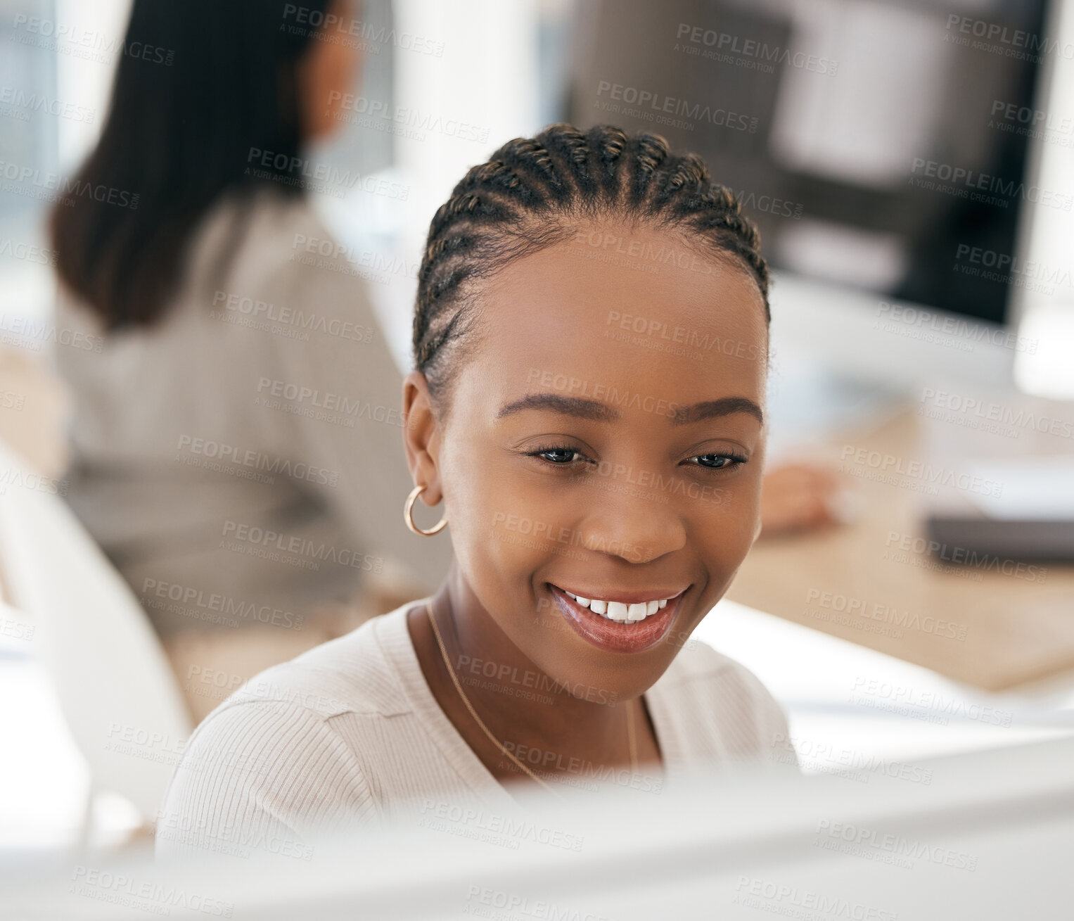 Buy stock photo Black woman, business or reading computer data in digital marketing, advertising startup or logo design office. Happy smile, creative designer or technology and target audience research or kpi goals