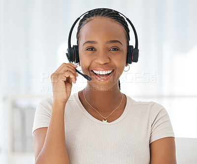 Buy stock photo Call center, telemarketing and black woman in customer service office with headset, smile and happiness. Face of female contact us, CRM and sales consultant with a smile for to talk, support and help