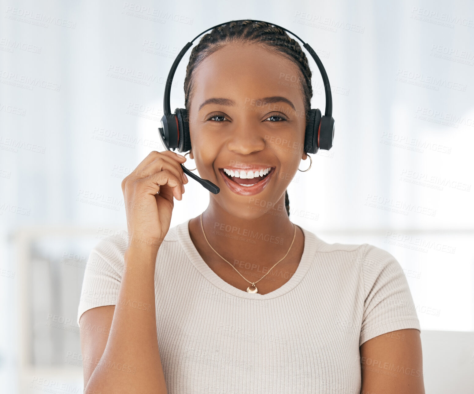 Buy stock photo Call center, telemarketing and black woman in customer service office with headset, smile and happiness. Face of female contact us, CRM and sales consultant with a smile for to talk, support and help