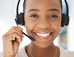 Contact us, portrait and black woman in customer support in call center with a microphone for communication. Smile, telemarketing or happy insurance sales agent talking, speaking and helping clients