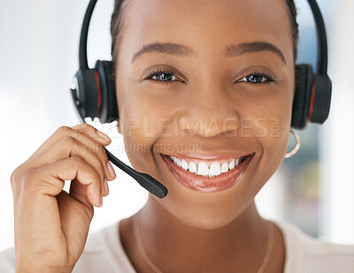 Buy stock photo Contact us, portrait and black woman in customer support in call center with a microphone for communication. Smile, telemarketing or happy insurance sales agent talking, speaking and helping clients