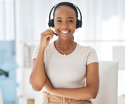 Buy stock photo Contact us customer support, black woman and web help worker on an office phone consultation. Portrait of happy internet call center online consultant with headset doing a digital telemarketing job
