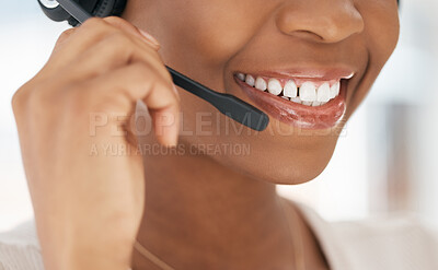 Buy stock photo Black woman, call center and microphone for customer service agent, working or conversation to help, smile or advice. African American female, girl or discussion with client speaking or telemarketing