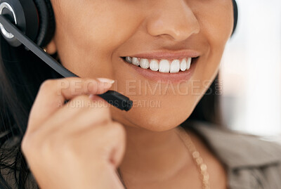Buy stock photo Call center, smile and hands of a worker with a headset for communication, online support and telemarketing. Customer service, consulting and employee working in the crm business as a consultant