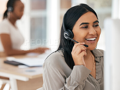 Buy stock photo Computer, talking and woman in call center, contact us or customer support in crm consulting, business help or b2b sales deal. Smile, happy and telemarketing worker on communication office technology