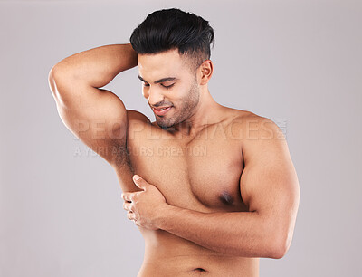 Buy stock photo Muscular man, skincare and strong model, wellness and confident with studio background. Happy male, sexy and fitness for body healthy care, smooth and glowing skin for bodybuilding and flex muscle