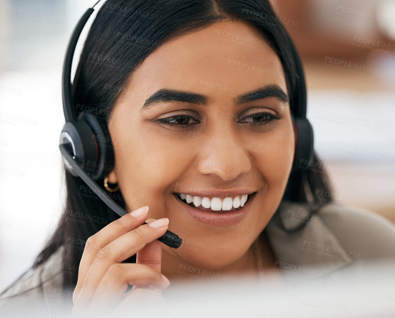Buy stock photo Woman, face and smile in call center for consulting, telemarketing or customer support at the office. Happy female employee consultant smiling with headset in communication for online service or help