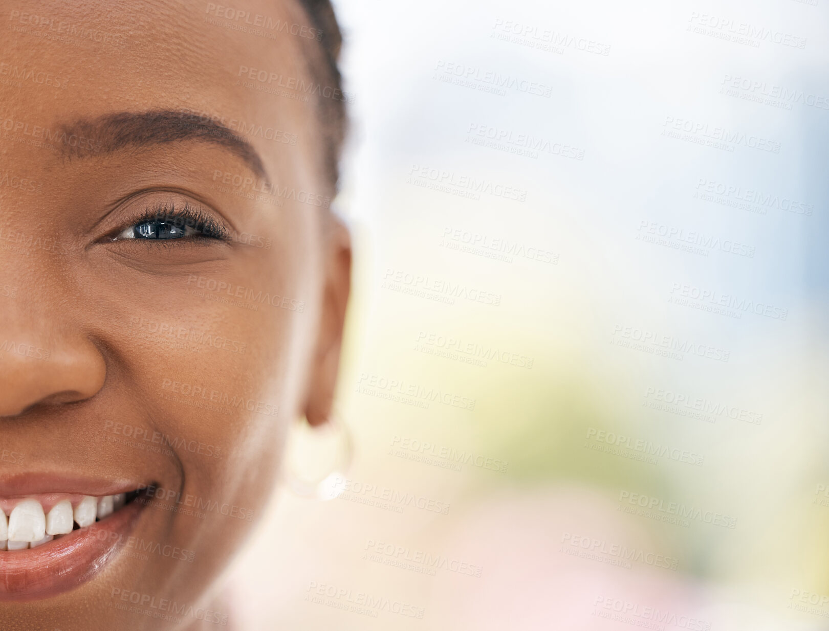 Buy stock photo Portrait of half face, black woman and smile with skincare beauty mockup for before after cosmetics marketing. Happy african girl with natural makeup, eyebrow microblading and advertising makeover