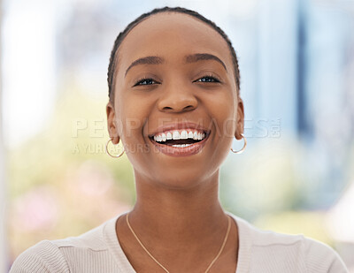 Buy stock photo Happy, portrait and face of a black woman in corporate, working and smile as a business employee at work. Pride, excited and African lawyer with motivation and happiness for a professional career