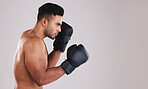 Training, young man and boxer with boxing gloves for competition, prepare for match and focus with grey studio background. Sportsman, Indian male and fighter ready for game, being healthy and workout