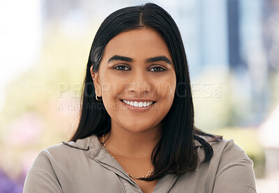 Buy stock photo Portrait smile woman, happy closeup in office and small business owner in workplace with happiness. Marketing startup leader, entrepreneur management and leadership with excited confident face at job