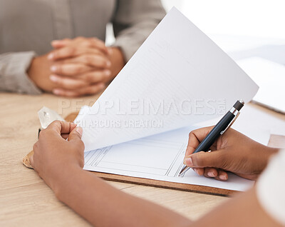 Buy stock photo Legal paperwork, signature and document in an office for interview, insurance form or contract with agent during a meeting. Woman writing on paper for healthcare policy, tax or loan application
