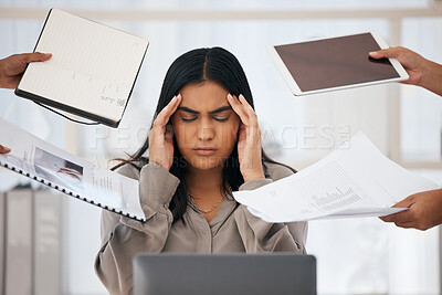 Buy stock photo Stress, headache and burnout of business woman, overworked or overwhelmed by deadline or employees on office computer. Mental health, multitasking and frustrated female depressed in toxic workplace

