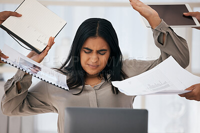 Buy stock photo Busy woman, office documents and burnout from work overload, stress and chaos in corporate workplace. Overworked company employee, paperwork and professional staff multitasking paperwork for deadline