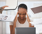Headache, stress and burnout of black woman in office on laptop overwhelmed by task deadlines. Multitasking, mental health and sad, anxiety or depression of female employee working in finance job.

