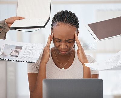 Buy stock photo Headache, stress and burnout of black woman in office on laptop overwhelmed by task deadlines. Multitasking, mental health and sad, anxiety or depression of female employee working in finance job.

