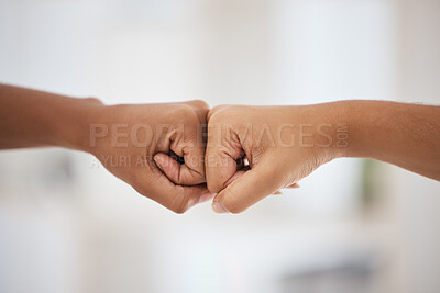 Buy stock photo Fist bump, support and business people meeting for partnership, teamwork and corporate goal at work. Community, welcome and hands of employees in solidarity for a business collaboration and deal