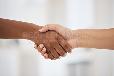 Buy stock photo Handshake, b2b and shaking hands after partnership deal in a successful business meeting for an onboarding negotiation. Hiring, thank you and hr manager with a new employee in a company job interview