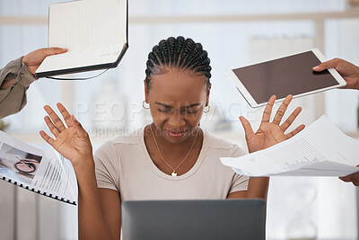Buy stock photo Black woman, stress and overworked with workload, burnout and anxious at desk with headache. Female worker, assistant and under pressure being upset, with due dates and anxiety for overtime and tired