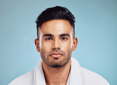 Buy stock photo Skincare, beauty and face portrait of man with bathroom robe after shower, healthcare or facial hygiene cleaning. Health, luxury wellness treatment or fresh aesthetic man with self care routine
