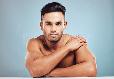Buy stock photo Skincare, wellness and male beauty with india model for cosmetics, health and wellness with skin care, self care and dermatology. Portrait of man in studio for clean, healthy and clear skin in studio