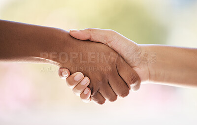 Buy stock photo Diversity, hands closeup and welcome handshake introduction to interview meeting or thank you. Well done handshaking mockup, good job partnership deal or congratulations success on teamwork support