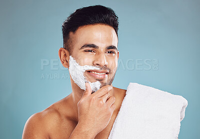 Buy stock photo Man, shaving cream and healthy facial skincare grooming morning routine. Happy Indian person, cosmetic beard wellness cleaning treatment and body care hygiene for beauty cleansing lifestyle in studio