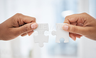 Buy stock photo Closeup hands puzzle, problem solving teamwork in information technology and cyber ux coding business. Jigsaw hand team, together for collaboration strategy in web design and app innovation in office