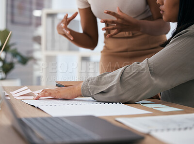 Buy stock photo Hands, planning and sticky notes with documents on a desk in an office with a business team at work together. Discussion, meeting and strategy with female colleagues working in collaboration indoors