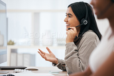 Buy stock photo Call center, customer service and telemarketing with a woman consulting using a headset in her office. Crm, contact us and sales with a female employee at work as a consultant on a call for support