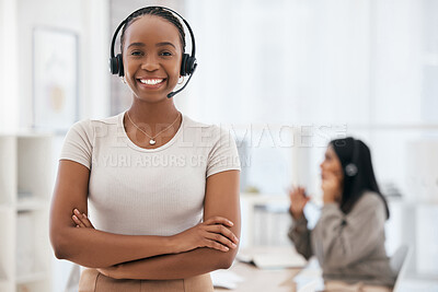 Buy stock photo Happy black woman, call center agent and customer support staff in online, digital sales and telemarketing office. Service with a smile, crm consultant and online shopping customer service employee  