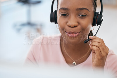 Buy stock photo Black woman, call center and smile for consulting customer service or telemarketing at the office. Happy African American female employee consultant smiling with headset for online desktop support