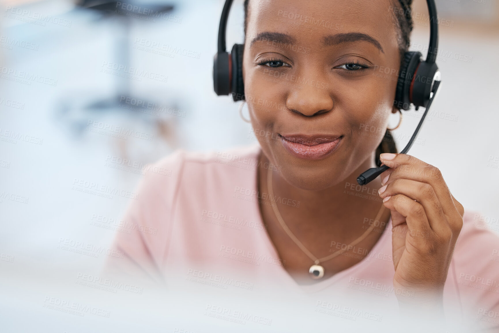 Buy stock photo Black woman, call center and smile for consulting customer service or telemarketing at the office. Happy African American female employee consultant smiling with headset for online desktop support