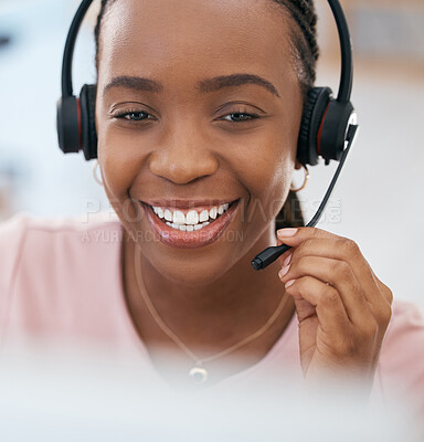 Buy stock photo Black woman, happy customer support agent and call center employee with a smile working at online telemarketing business. Crm sales consultant, helping a customer and talking to contact us faq client