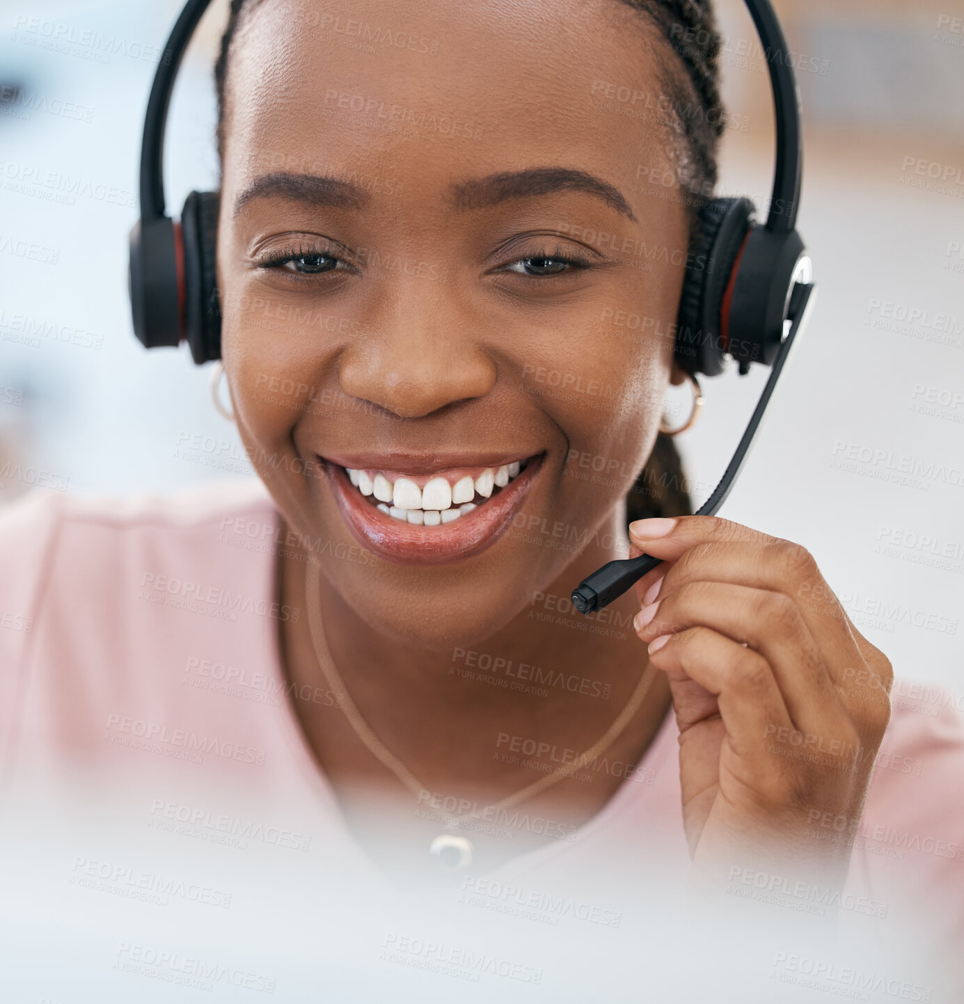 Buy stock photo Black woman, happy customer support agent and call center employee with a smile working at online telemarketing business. Crm sales consultant, helping a customer and talking to contact us faq client