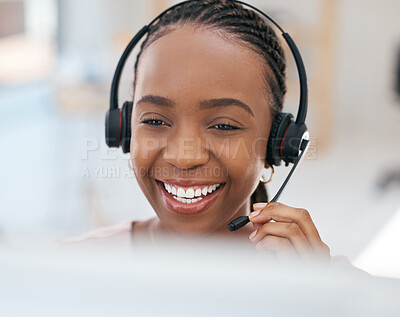 Buy stock photo Black woman, smile and consulting in call center, contact us or telemarketing communication at the office. Happy African American female employee consultant with headset smiling for customer service