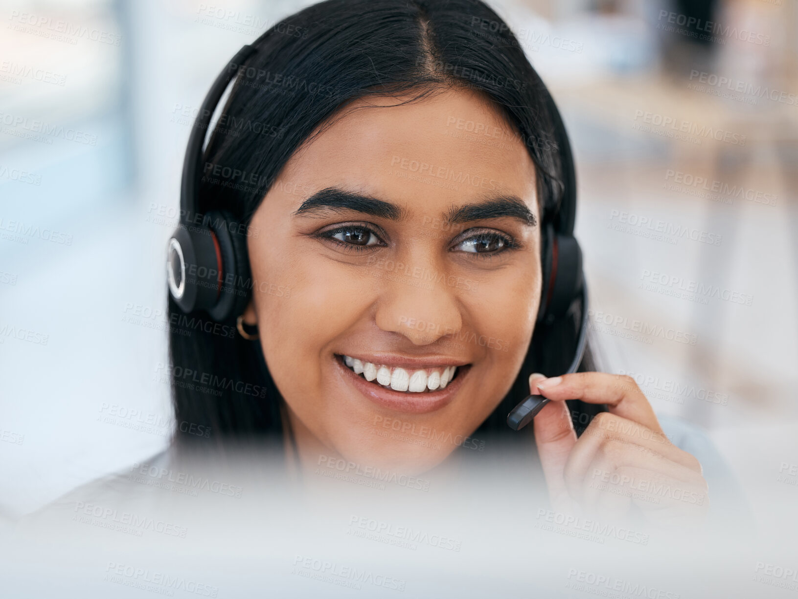 Buy stock photo Telemarketing, happy and woman networking in a call center talking, communication and speaking into microphone. Smile, contact us and Indian girl consulting and helping a client at customer services