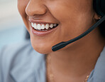Mouth, smile and headset of customer service, telemarketing and call center worker talking, consulting and communication. Happy consulting employee working with crm support, contact us and help desk