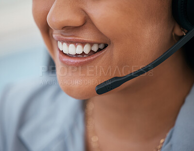 Buy stock photo Mouth, smile and headset of customer service, telemarketing and call center worker talking, consultant and communication. Happy consulting employee working with crm support, contact us and help desk